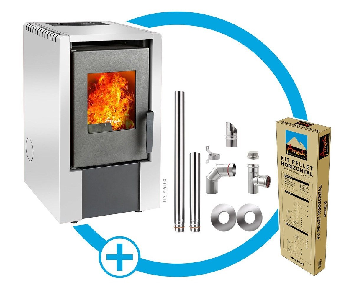 Pack estufa a pellet Amesti Italy 6100 con kit de instalación horizontal