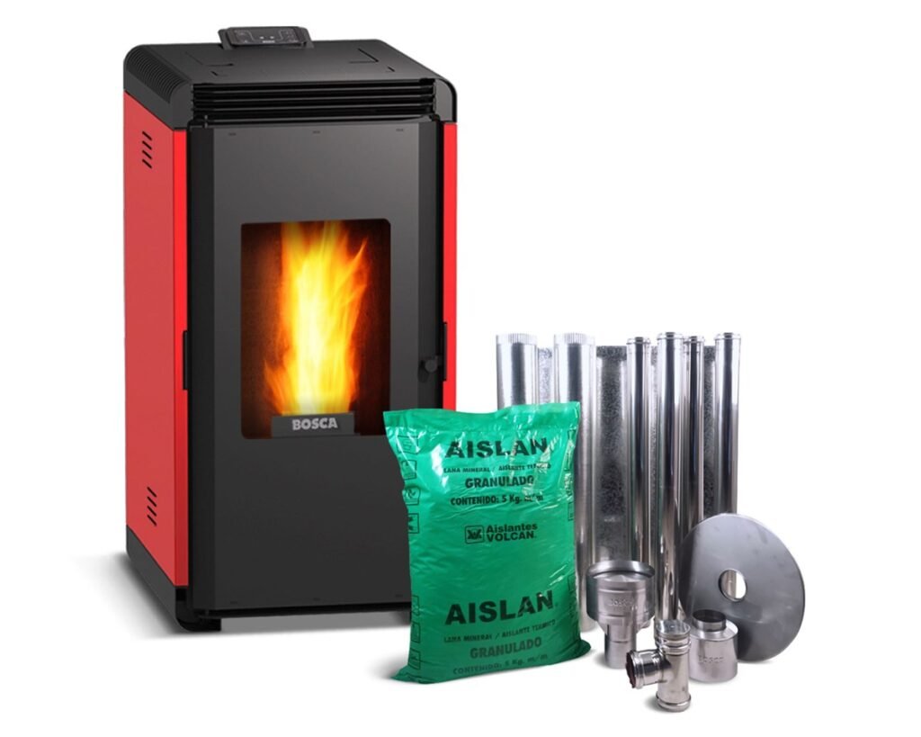 Pack estufa a pellet Bosca Hera+ rojo con kit de instalación interior